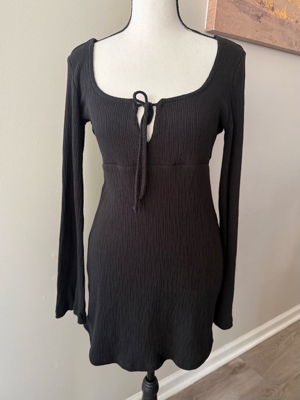 FP Beach Black Ribbed Tie Front Long Sleeve Top XS Boho Open Back Bell Sleeve